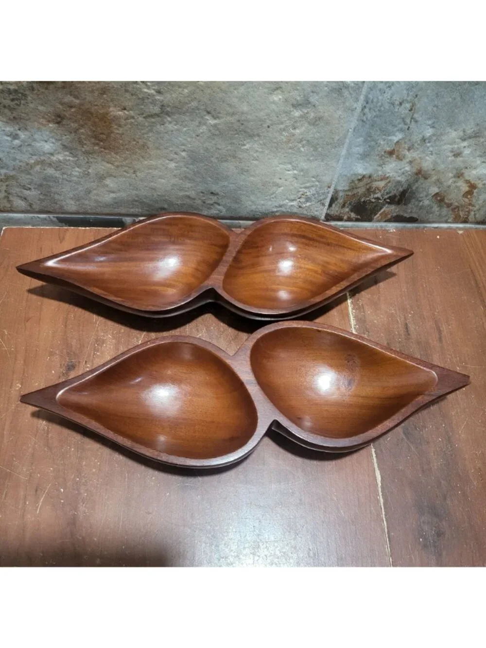 Vintage MCM Monkey Pod Wood 2 Compartment Divided Serving Dish Tray Set of 2